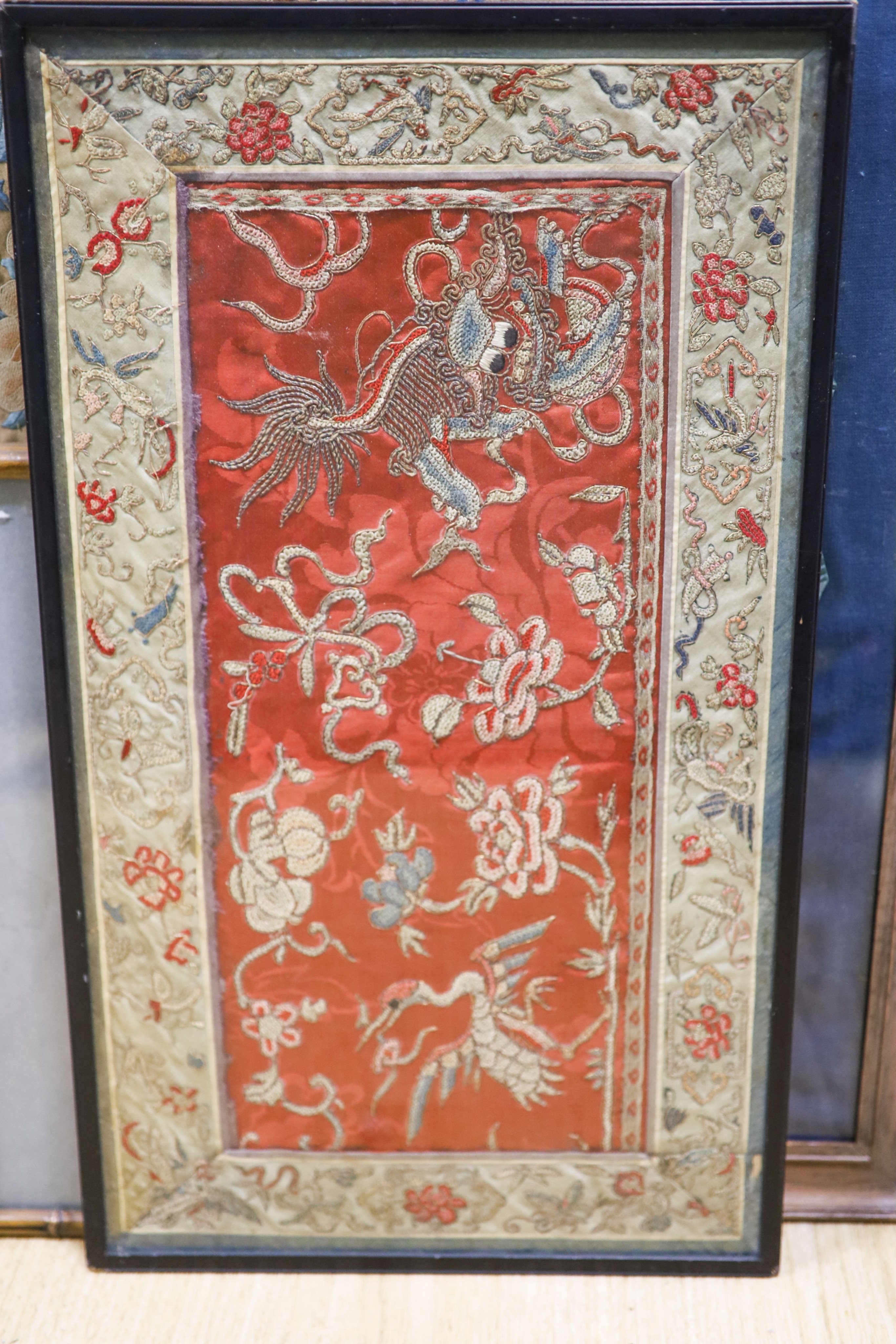 Assorted framed and glazed Chinese embroideries, late Qing to Republic